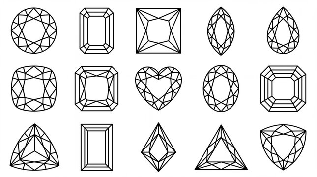 Geometric Diamond and Gemstone Line Icons Vector Collection