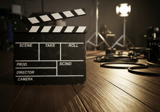 Professional Movie Clapperboard on a Film Set Studio Floor with Cinema