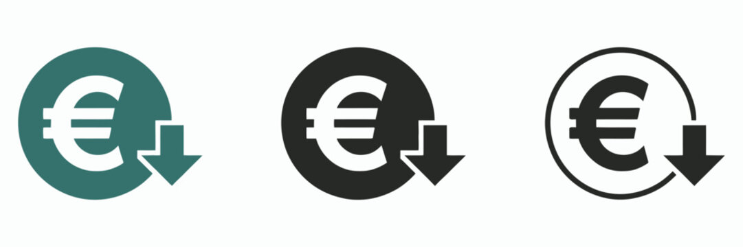 Cost Reduction Vector Signs Set with Euro Decrease Icons, Financial Decline Symbols, Price Drop Indicators, Budget Savings Graphics and Economic Downtrend Illustration Collection