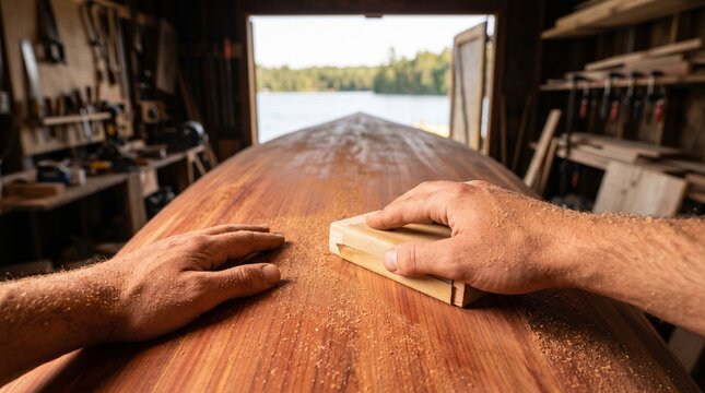 Craftsman's hands sanding a wooden canoe with a sanding block in a workshop overlooking a scenic lake