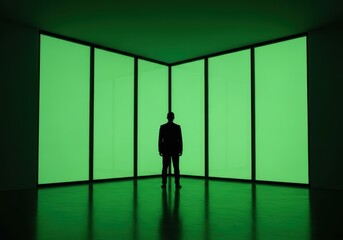 Fototapeta premium Silhouette of a Businessman Standing in Front of Large Glowing Green P