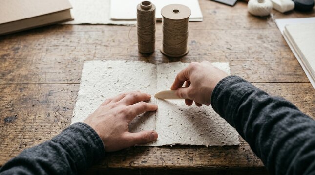 Artisan craftsman using a bone folder to crease handmade paper on a rustic wooden workbench for bookbinding