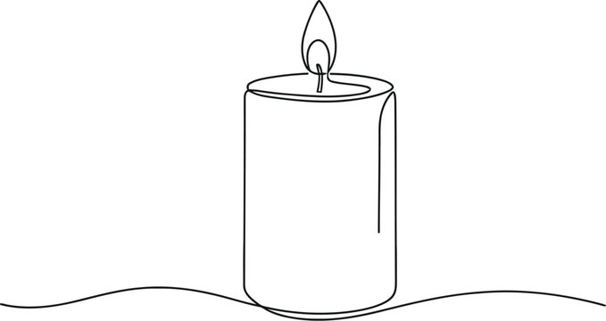 A single continuous line drawing of a simple candle with a flame flickering against white background
