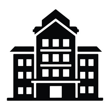 Black silhouette of a multi-story building with a central gable roof and two wings
