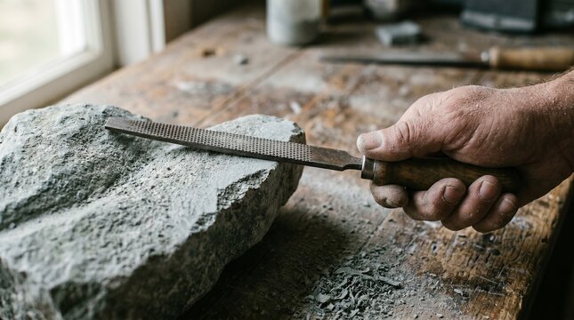 Close-up of an artisan's hand using a metal rasp tool to shape a large grey stone on a rustic wooden workbench