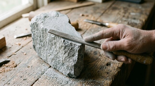 Close-up view of an artist using a metal rasp tool to shape a piece of grey stone on a wooden workbench in a workshop
