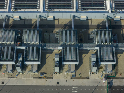 Aerial view of the Google data center showing industrial cooling units and ventilation systems Winschoten, Groningen, Netherlands.