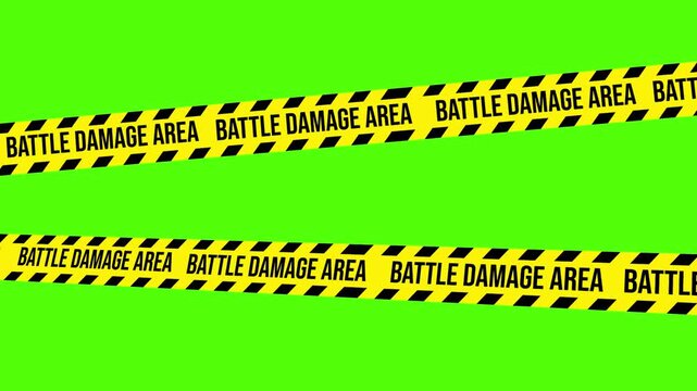 Battle Damage Area: Striking image of yellow tape declaring a Battle Damage Area, starkly contrasted against a vibrant green backdrop, hinting at a scene of conflict or caution.