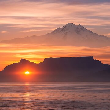 Majestic mountain peak capped with snow, silhouetted against vibrant sunrise sky