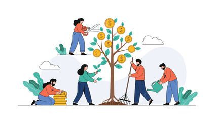 Fototapeta premium Group of diverse people work together to grow a money tree with gold coins representing investment, teamwork, and financial success.