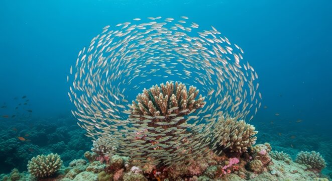 Vast School of Small Silver Fish Swirling Around a Vibrant Coral Reef in the Deep Blue Ocean