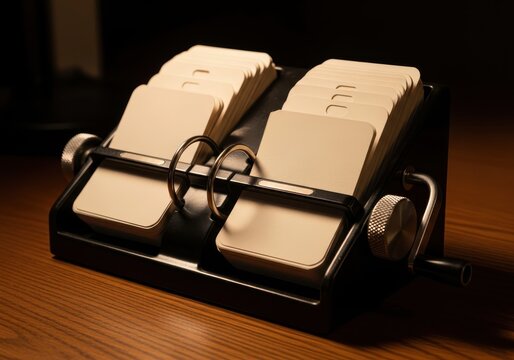 Vintage Rotary Card File with Blank Index Cards on a Wooden Desk for B