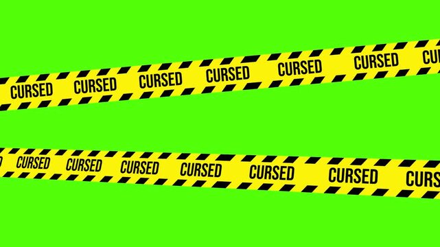 Cursed Hazard Tape: Bright yellow hazard tape marked with Cursed stretched taut against a vibrant green backdrop, conveying a sense of foreboding and danger. 