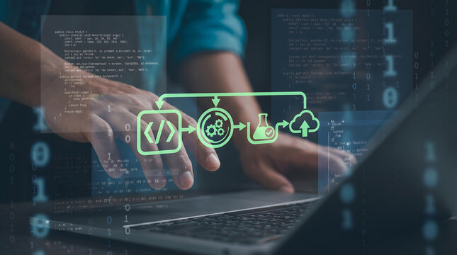 Software development workflow with digital automation icons. Programmer managing source code and deployment cycle on laptop. Representing agile methodology and continuous integration.