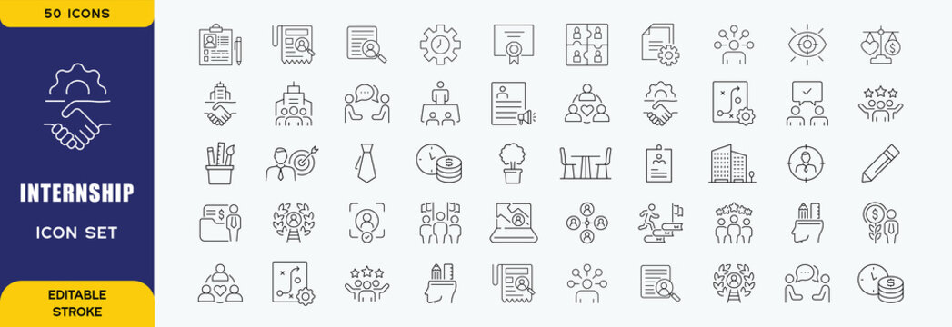Internship icon set. Contain icons related to apprentice, experience, employee, train, transition, skill, work learn, and more. Editable stroke. Vector illustration