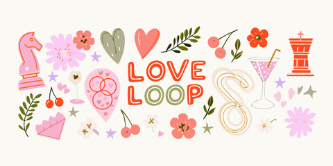Floral arrangement with hearts chess pieces and love loop text © Delip