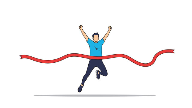 Victorious male athlete crossing the red finish line with his arms raised high in a triumphant gesture of success and achievement.