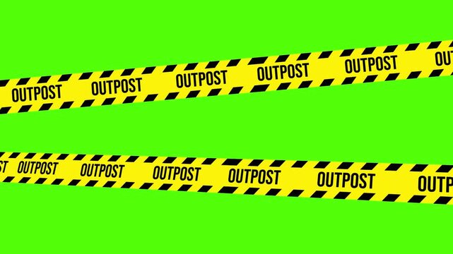 Outpost Warning Sign: Bold yellow and black caution tape bearing the word OUTPOST stretches across a vibrant green background, creating a visual warning and evoking a sense of boundary or restriction.