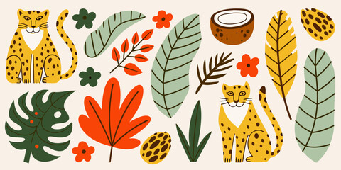 Stylized illustration of leopards tropical leaves and flowers on a beige background © Delip