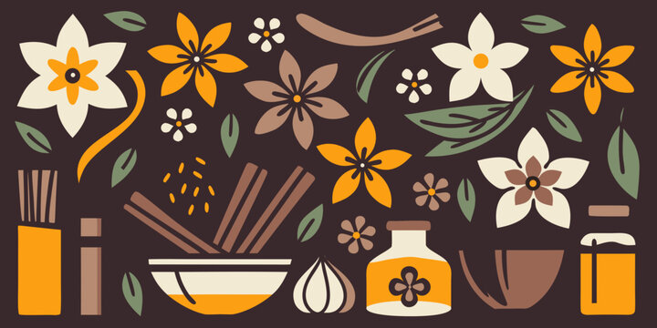 Vanilla flowers cinnamon sticks and spice arrangement flat illustration