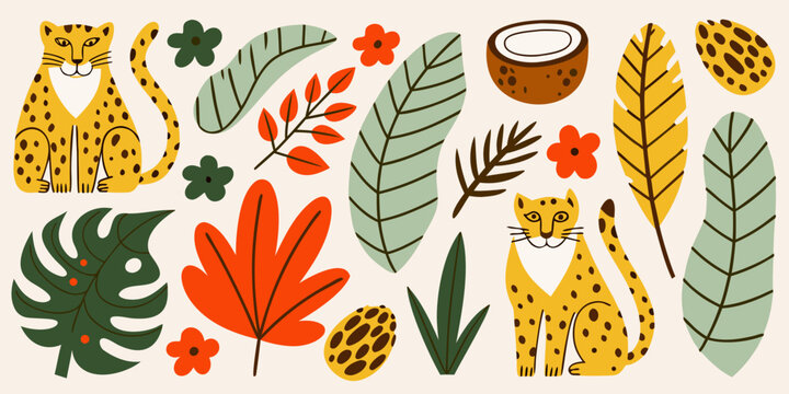 Stylized illustration of leopards tropical leaves and flowers on a beige background