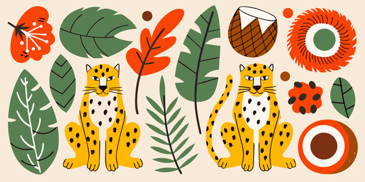 Stylized illustration of leopards and tropical leaves with floral elements