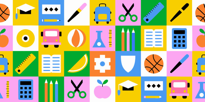 Flat design grid of school supplies and objects colorful pattern