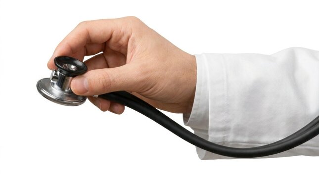 Doctor's hand holding a stethoscope close up of medical equipment white background general practitioner stethoscope medicine