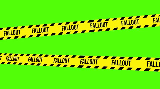 Fallout Warning Tape: Two bright yellow tapes stretched across a bright green backdrop with the repeated word Fallout, serve as a stark warning, evoking a sense of caution and preparedness. 
