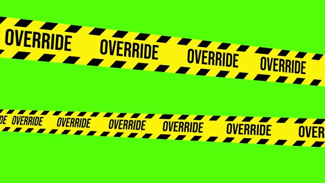 Override Caution Tape on a Green Screen: Illustrating a clear warning message using caution tape with the word override against a vibrant green backdrop. Ideal for visual communication.