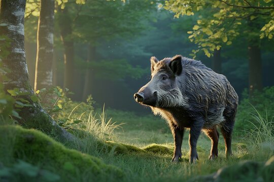 Wild boar standing in a sunlit forest clearing