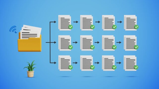 Document and Files Management Network System for Online Archives Concept. Digital Storage, Secure Document Organization, Cloud Access and Files Workflow Management. 4K 3D Video Animation