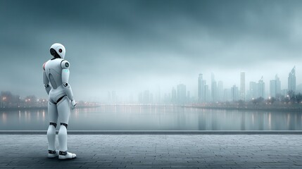 Fototapeta premium Futuristic Robot in Urban Environment with Cityscape