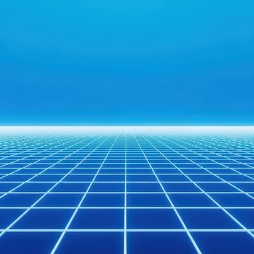 Abstract background featuring a blue and white wireframe grid stretching across the horizon, representing simulation and infinite geometric structure, dimensions, architecture, deep