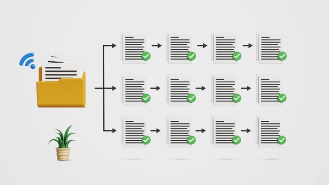 Digital Document Management System. Data Structure, Cloud Storage, Files Organization Workflow, Files Automation and Online Data Access. DMS Dashboard. 4K 3D Video Animation