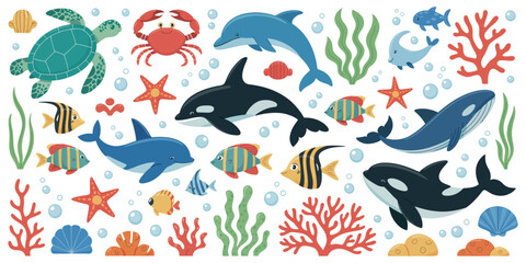 Hand Drawn Sea Animals Set Featuring Wild Marine Life, Seashells, Tropical Fish, Seaweed and Coral Reef Elements, Ocean Nature Illustration Collection for Design Projects © YET FAR 