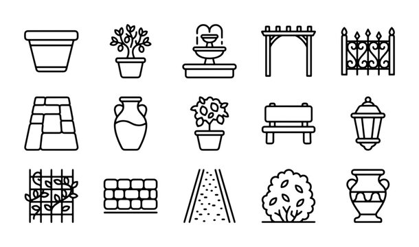 Garden Icons Set: Pots, Fountains, Arbors, Benches, Lanterns, Urns, Plants, Paths, Fences