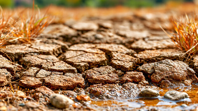 Cracked arid soil surface during extreme drought with parched earth and dry grass background