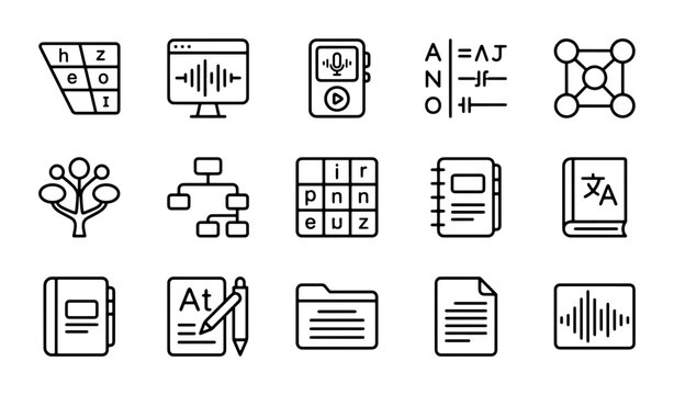 15 Phonetics and Linguistics Icons: IPA Symbols, Audio Waveforms, Language Learning Tools