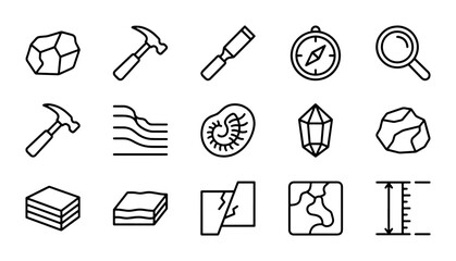 Geology Icons Set: Rocks, Fossils, Tools, Compass, Magnifying Glass, Layers, Map © Fahim