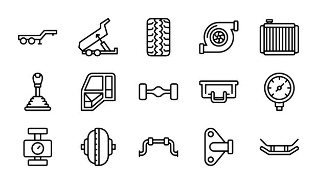 Automotive Parts Icons Set, Vehicle Components, Truck Mechanics, Transportation Industry Graphics
