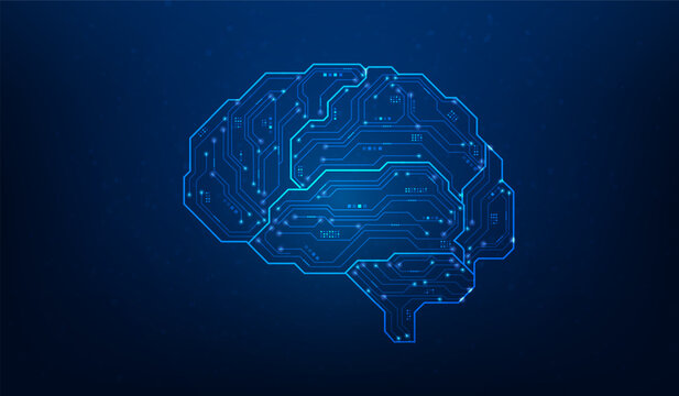 brain ai artificial intelligence line circuit blue background. creative brainstorm idea concept. semiconductor and chip. vector illustration fantastic.