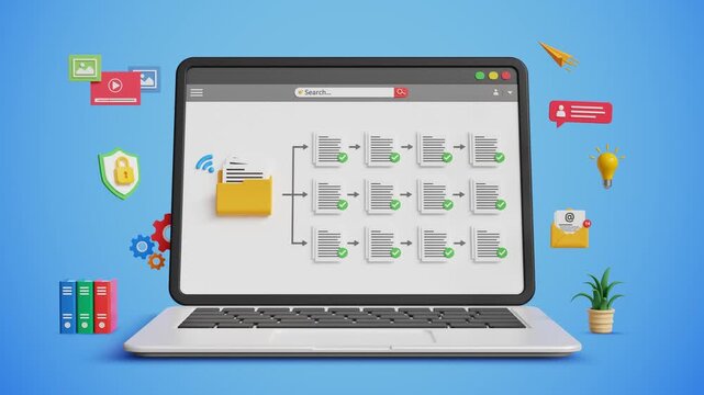 Document and Files Management Network System for Online Archives Concept. Digital Storage, Secure Document Organization, Cloud Access and Files Workflow Management on Laptop. 4K 3D Video Animation