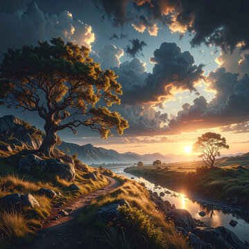 Paysage pittoresque avec coucher de soleil et rivi&egrave;re