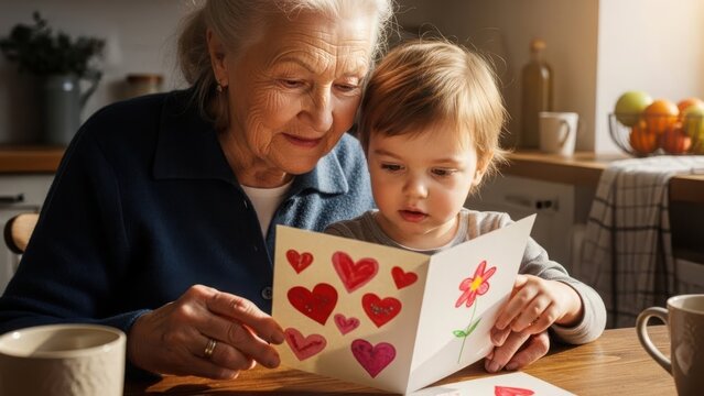 Grandmother and grandchild share a heartwarming moment reading a card