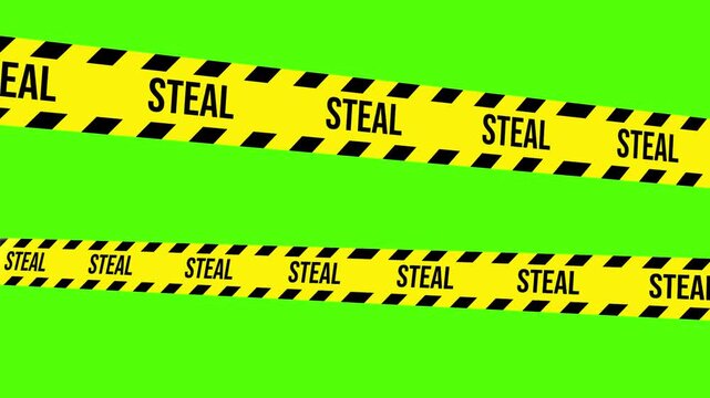 Caution Tape: Two lines of caution tape are featured with the word STEAL printed multiple times on a green background. The image likely symbolizes crime scene or theft concept.
