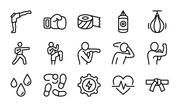 Martial Arts & Boxing Icons: Kickboxing, Gloves, Punching Bag, Sweat, Heartbeat, Belt