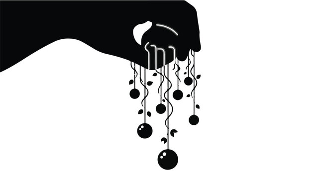 Human hand controls hanging spheres like a puppet master in a stylized composition.