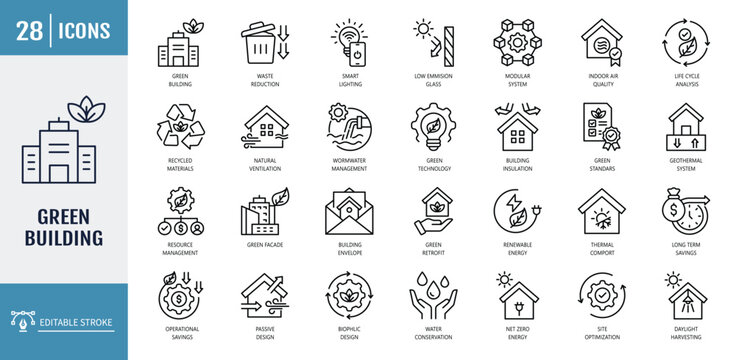 green building icon set. Including net zero energy, long term saving, construction challenges , operational savings, geothermal system. outline icon set. vector illustration with editable stroke
