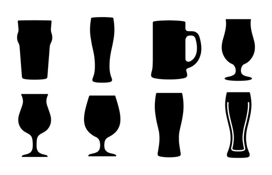 Diverse Beer Glass Silhouettes, Craft Brewery Drinkware Icons, Pub Barware Collection, Alcohol Beverage Vessels